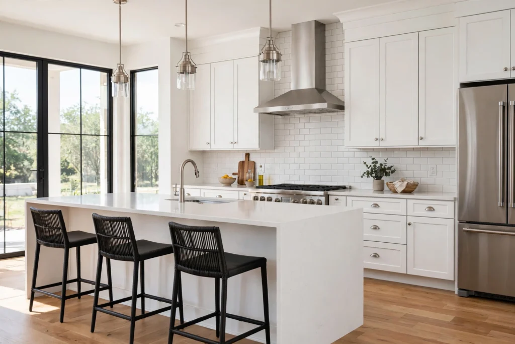 Finished white Shaker kitchen remodel with quartz island in Austin TX