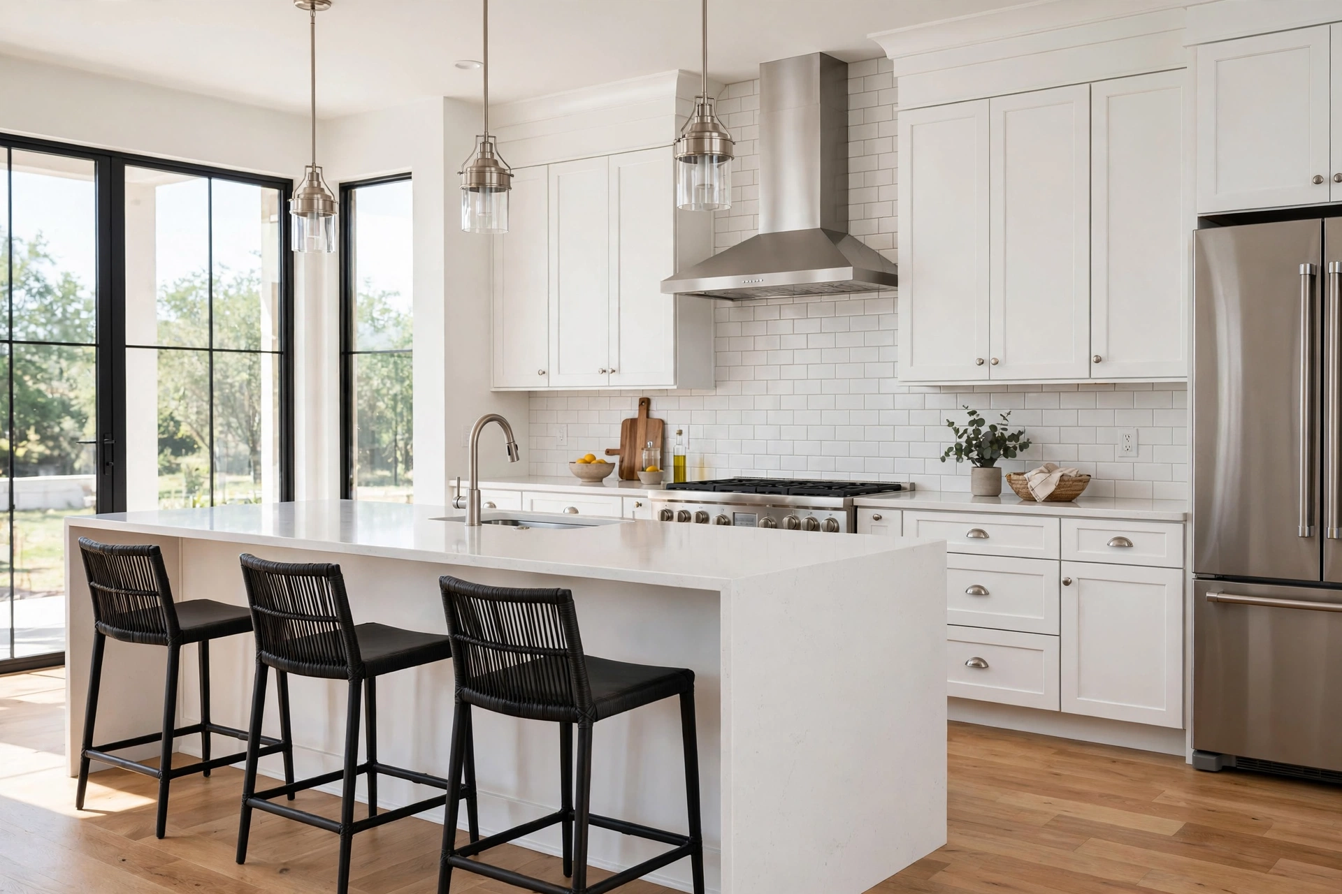 Finished white Shaker kitchen remodel with quartz island in Austin TX