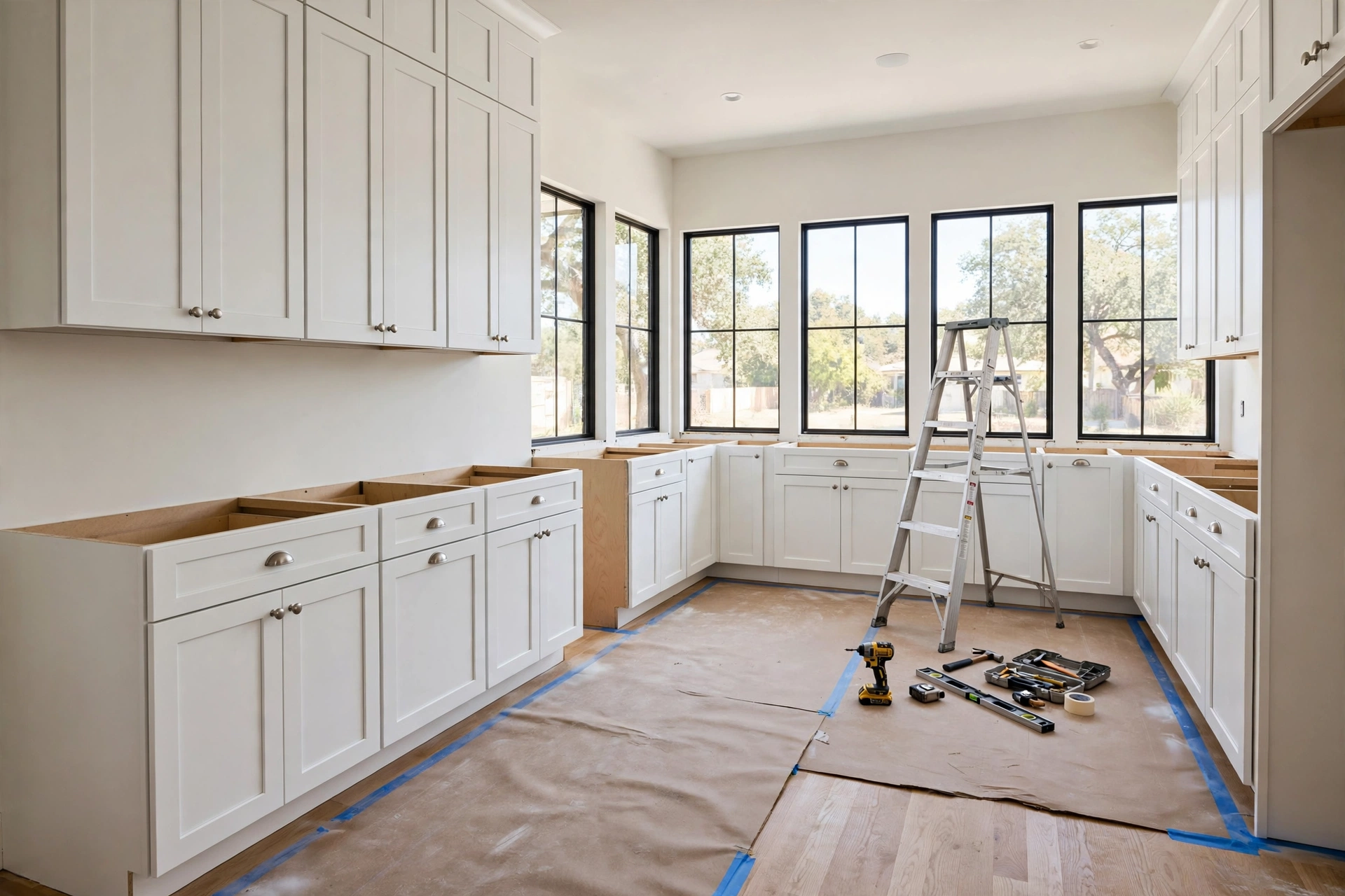 Kitchen cabinets being installed during a remodel in Austin TX